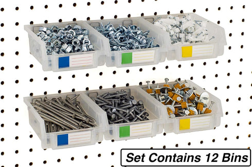 12 Pack Pegboard Bins - Clear - Hooks to Any Peg Board - Organize Hardware, Accessories, Attachments, Workbench, Garage