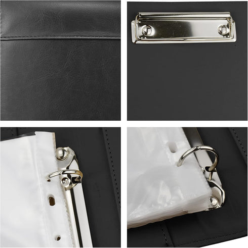 Enyuwlcm PU Leather Padfolio Ring Binder - Clipboard Resume Leather Portfolio with 20 Clear Plastic Sleeves, Black