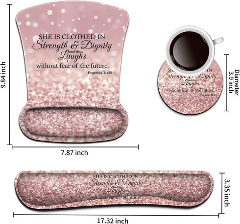 Keyboard Wrist Rest Pad & Ergonomic Mouse Pad Set, Proverbs 31:25 Pink Design for Gaming, Office, Pain Relief