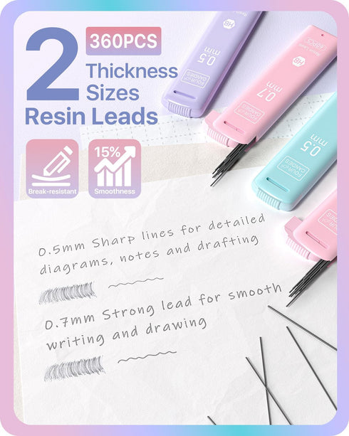 Four Candies Pastel Mechanical Pencil Set - 6PCS 0.5 mm & 0.7mm Pencils with 360PCS HB #2 Lead Refills for Students
