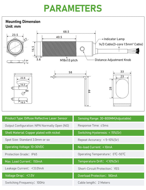 Switch,IP65 M16, 3 Wires,12V/24V Input(10-30VDC), 3cm 80cm DIHOOL Photoelectric Proximity Sensor, Laser Motion