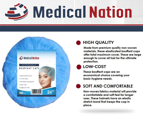 24" 100 Pack, 24" MEDICAL NATION Disposable Bouffant Caps Hair Net | Blue | Non-Woven, Non-Pleated Hairnets for Food