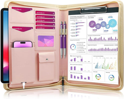 Darolin Safe Zippered Portfolio Padfolio Organizer Binder with Clipboard, Leather Document Holder for Office