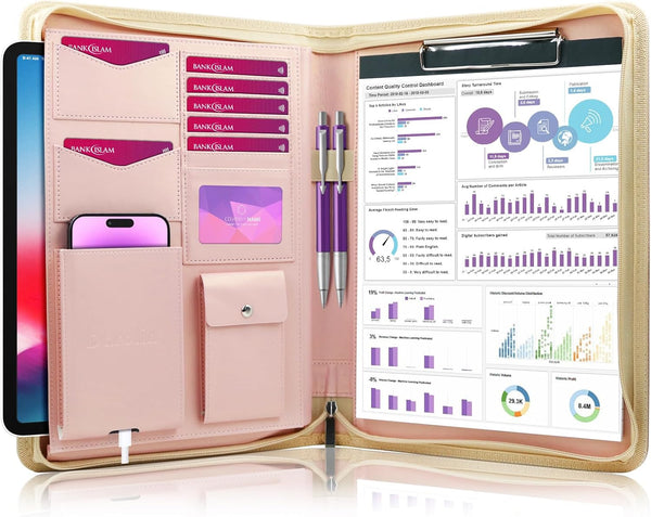 Darolin Safe Zippered Portfolio Padfolio Organizer Binder with Clipboard, Leather Document Holder for Office