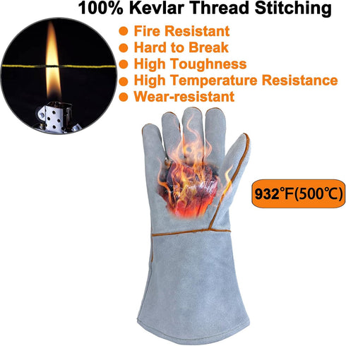 Welding Gloves 16 Inches - Heat Fire Resistant Leather Mitts for Tig/Mig/Stick and BBQ