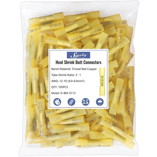 Heat Shrink Butt Wire Connectors, Sopoby 105Pcs 12-10 AWG Yellow Insulated Waterproof Electrical Terminals