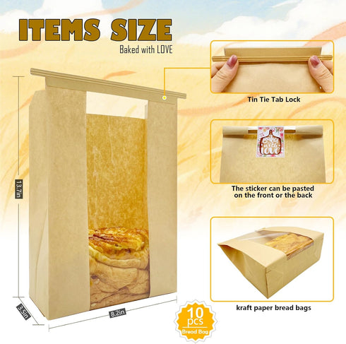 Packaging 10Pcs 13.7x8.2x3.5in Paper Bread Bags for Homemade with Window, Twist Tie&Sticker Ideal for Sourdough Bread