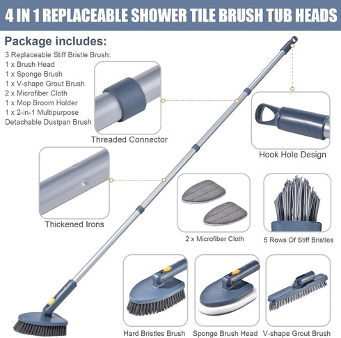 Brush,4 1 54.7'' Shower Cleaning in Tile Tub Shower Scrubber with Long Handle Stiff Bristles Sponge Brush Grout Brush
