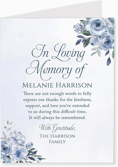 Personalized Soft Blue Floral Sympathy Thank You Cards, Folded Watercolor In Loving