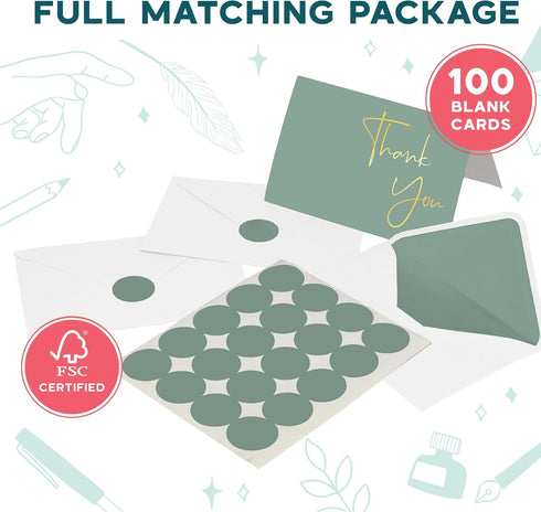 Set 100 Pack 4x6 VNS Creations Gold Foil Thank You Cards With Envelopes Bulk & Stickers - Blank Thank You Notes - Large