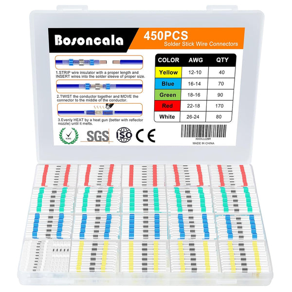450PCS Solder Stick Seal Wire Connectors, Marine Grade Heat Shrink Waterproof & Insulated Electrical Butt Terminals
