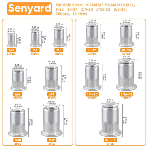 Senyard 300 M3 M4 M5 M6 M8 M10 M12#8-32#10-24 1/4"-20 5/16"-18 3/8"-16 Metric & SAE Rivet Nuts Assortment kit, Pcs