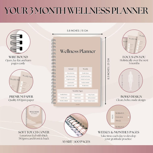 Wellness Journal - 90 Day Health, Fitness, Gratitude, Mindfullness, Wellbeing, Habit, Goals, Diet & Food Tracker - A5 Lux