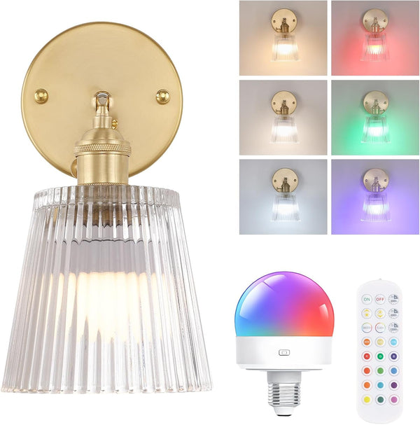 Shenmoyl Vintage Battery Operated Wall Sconce with Transparent Stripe Glass Lampshade Rechargeable