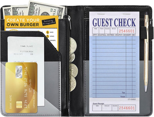 Black Server Books For Waitress/Waiter Book with Zipper Money Pocket,Cute Waitress Books Organizer Accessories Fit