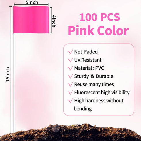 Zozen 100Pack Marking Flags, Pink Marking Flags - 15x4x5 Inch, Lawn Flags, Landscape Flags, Marker Flags for Lawn, Survey Flags, Irrigation Flags, Match with for Distance Measuring Wheel.