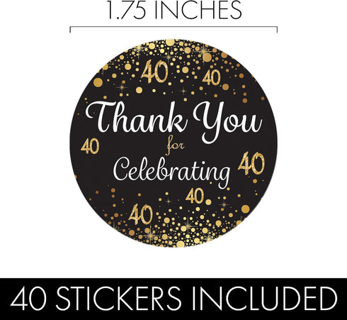 Black and Gold 40th Birthday Thank You Stickers, 1.75 in, 40 Labels