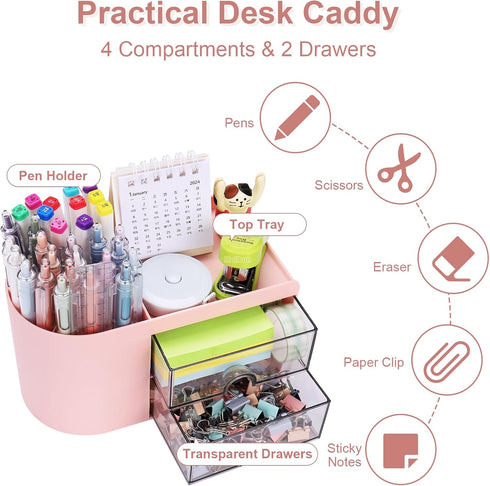 Desk Organizer with Drawer, Small Pink Pen Organizer, 2 Drawers + 4 Compartments for Office Home Storage