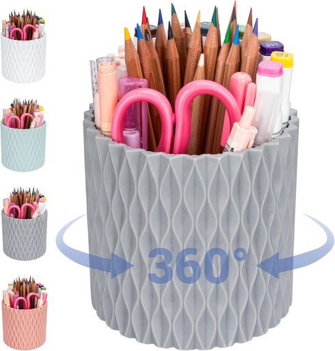 Desk Pencil Holder - 360° Rotation, 5 Slot Supplies for Women, Aesthetic Office Accessories (Grey)