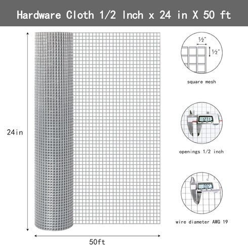 1/2 inch 24 50 19 Thinkahead Hardware Cloth X ft Gauge, Galvanized Wire Mesh Roll, Welded Wire Fencing, Hardware Cloth