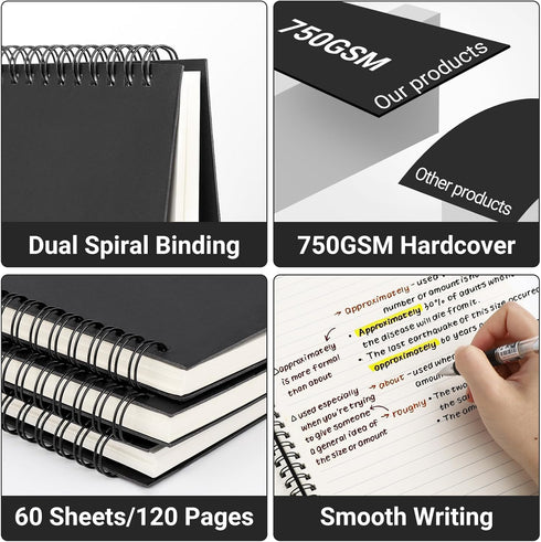 EUSOAR 3 Packs A4 Spiral Notebook, 11" x 8-1/2" Hardcover Black Journal with 120 Pages for Note Taking