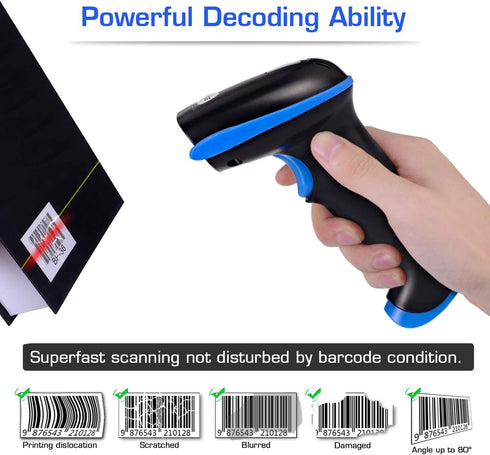 WoneNice 2.4G 1D 100ft Wireless Barcode Scanner Handheld Cordless Barcode Reader for Retail, Warehouse, Inventory