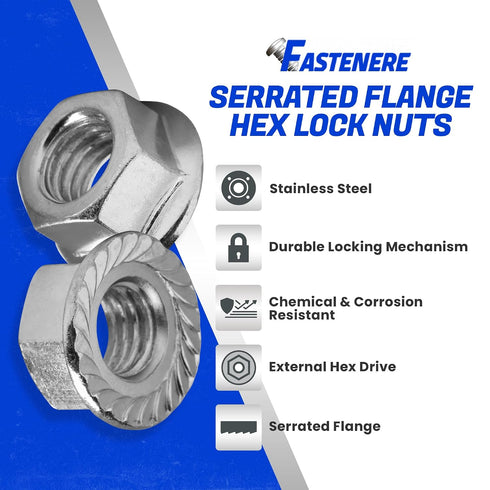 Fastenere 3/8"-24 (25-Pack), 18-8 Serrated Flange Nuts Durable Stainless Steel Hex Lock Hardware Nuts
