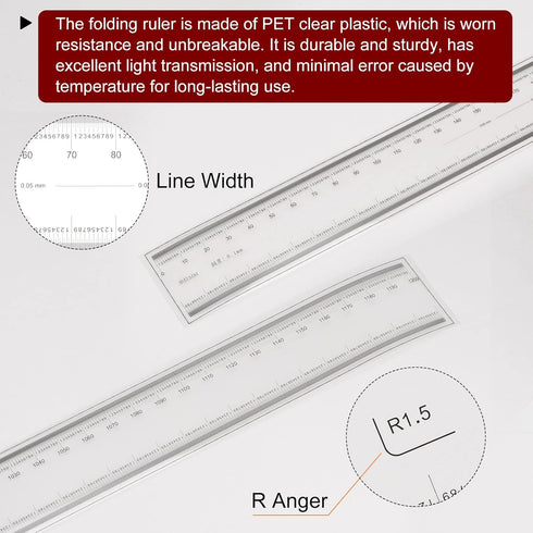 Film Flexible Ruler 120cm 0.1mm Scale with R Angle & Width Lines, PET Plastic Folding Straight Ruler, Transparent