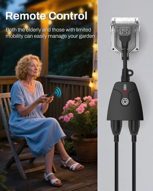 HBN Switch,6-inch Cord,100ft 2 Controls(15A,Dual 3-Prong Outdoor Wireless Remote Control Outlet Plug,Weatherproof Heavy