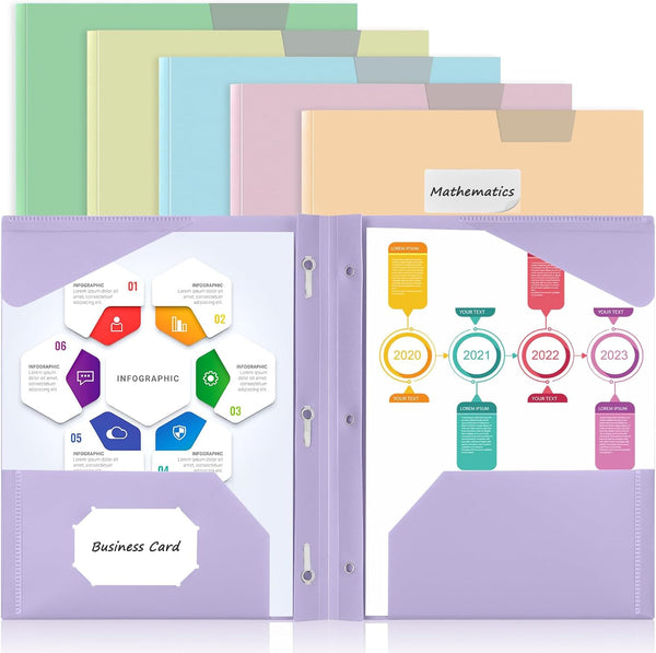 Sooez 6 Pack Plastic Folders with Pockets and Prongs, 3 Prong Folders with Pockets and Writable Label, Heavy Duty 2
