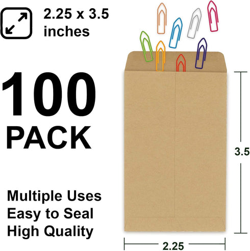 Coin Envelopes, 100 Pack Kraft Seed Envelopes, Small Parts Envelopes with Gummed Seal (2.25 x 3.5 Inches)