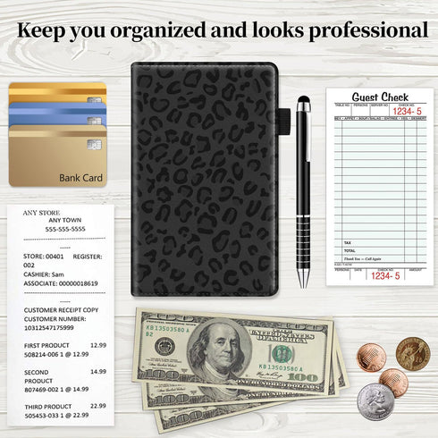 Qindaiwen Server Book Organizer with Zipper Pocket, PU Leather Restaurant Guest Check Presenters Card Holder