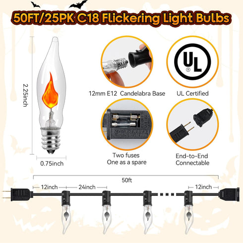 Hobbynors 50Ft Lights,25 C18 Bulbs Extra-Long Fall & Halloween String Flicker Flame for Outdoor Decor,Waterproof