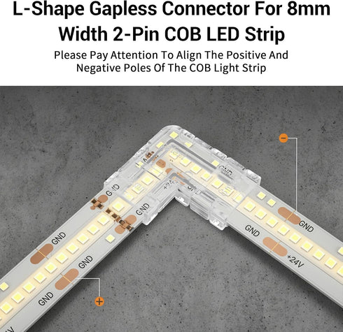 WJIAAA 20 2Pin 8mm Pcs LED Strip Connectors, L Shape LED Light Connector for Single Color COB, No Welding Transparent