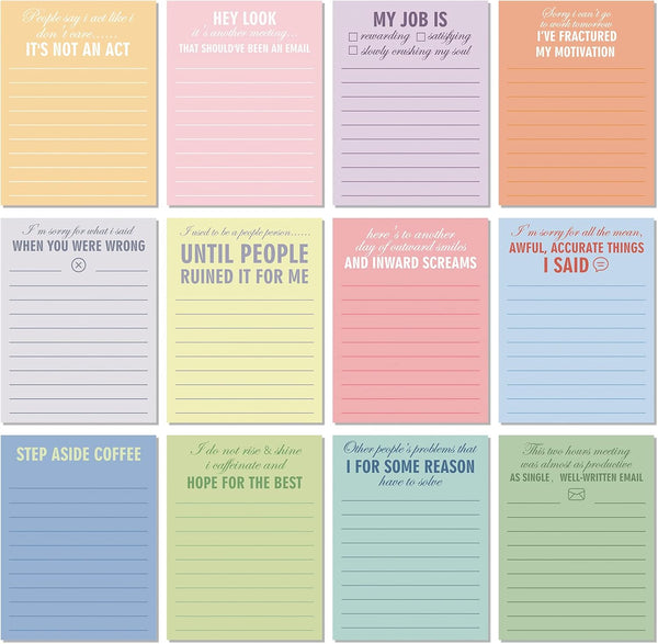 Funny Notepads with Sayings, Sticky Office Supplies, To Do List Work Assorted Notepad for Workers, 12 Designs, 3 x 3.93