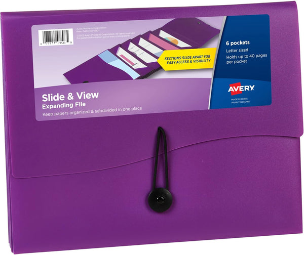 Avery Slide & View Expanding File Folder - 6 Pockets, Letter Size, 1 Plum Folder (73543)