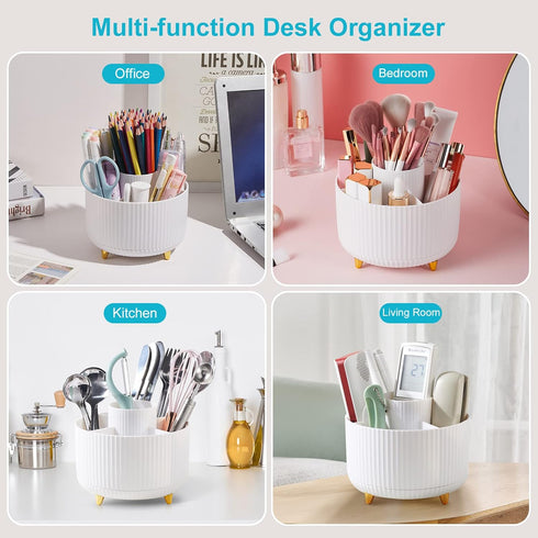 Desk Pencil Pen Holder, 5 Slots for Office, School, Home, 360 Degree Rotating Desktop Storage Cup Pot, White