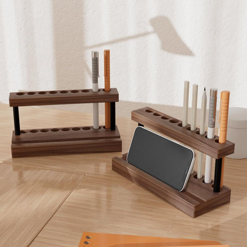 Pencil & Pen Holder for Desk, Solid Walnut Pen Display Stand with 9 Slots and Cell Phone Holder, Aesthetic Pen Organizer for Minimalist Office Desk Decor by U-Chain