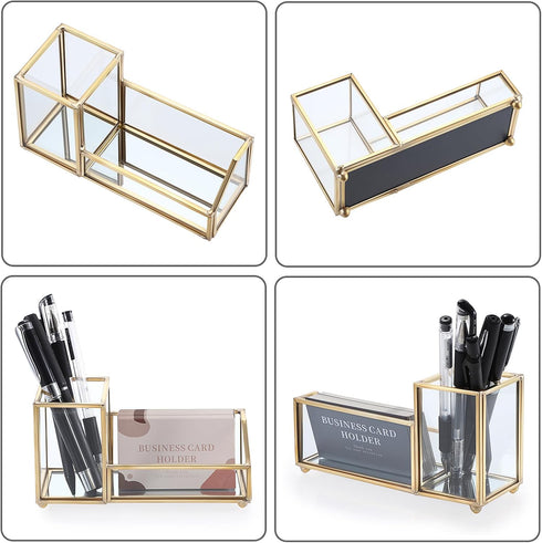 Hipiwe Glass Business Card Holder with Pen Pencil Cup, Gold Metal Name Card Display Organizer for Office Desk