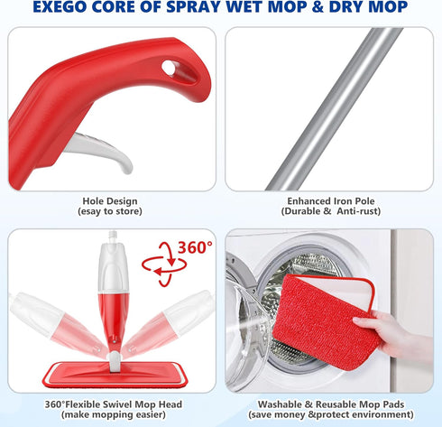 3 Commercial Spray Mops for Floor Cleaning: EXEGO Wet Mop with Washable Microfiber Pads for Swiffer Powermop - Floor