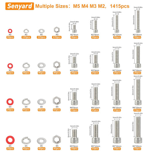 Senyard M2 M3 M4 M5 304 1415pcs Nuts and Bolts, Stainless Steel Metric Bolt Assortment (Lock & Flat Washers),Metric