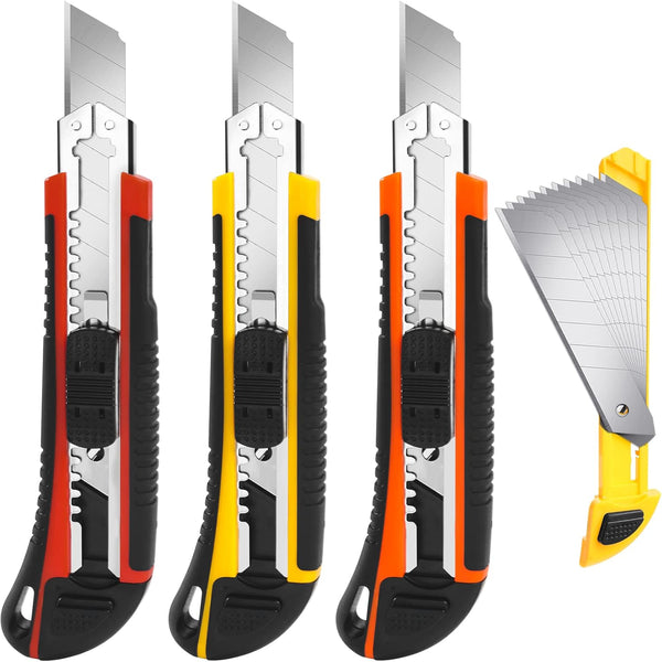 3-Pack Box Cutter Utility Knife, Retractable Ultra Sharp Blade with Anti-Slip Rubber Handle for Cutting