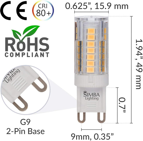 Simba Lighting G9 LED Light Bulb (5 Pack) 4W T4 40W Halogen Replacement for Pendants, Ceiling Lights, Desk Lamp, Wall Sconce, 120V JCD Bi-Pin Base Non-Dimmable, 3000K Soft White by Simba Lighting
