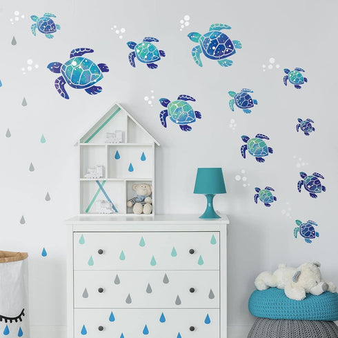 Zonon Sea Turtle Wall Decals, Ocean Turtle Vinyl Stickers for Underwater Bathroom Decoration (Blue, 24pcs)