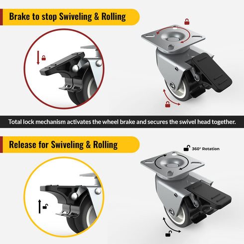 Heavy Duty Caster Wheels, 2 Inch Casters for Furniture, Safety Brake Swivel Caster Set of 4, Total Capacity 880 lbs