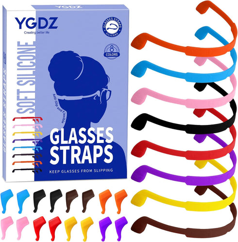 YGDZ Glasses Strap, 8 Pack Kids Eyeglasses String Holder, Silicone Elastic Sports Strap with Ear Grip Hooks, 8 Colors