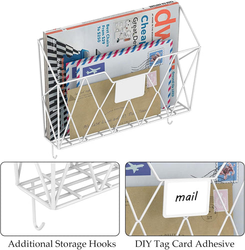 YBING Wall Mounted File Organizer, White 6 Pockets Mesh Hanging Holder for Office Papers with Hooks