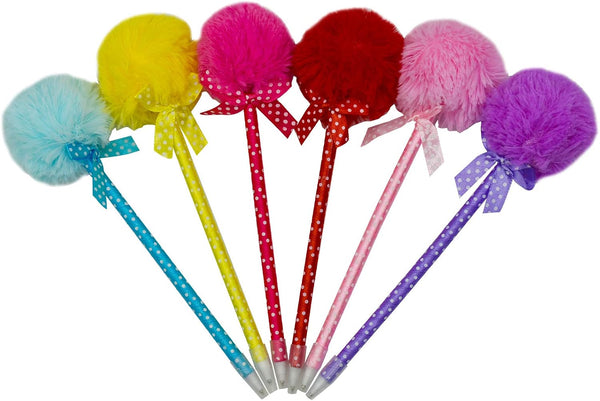 Maydahui 12 PCS Cute Kawaii Pom Pom Ballpoint Pens, Fluffy Ball Pens with Bowknot Polka Dot Blue Gel Ink for School