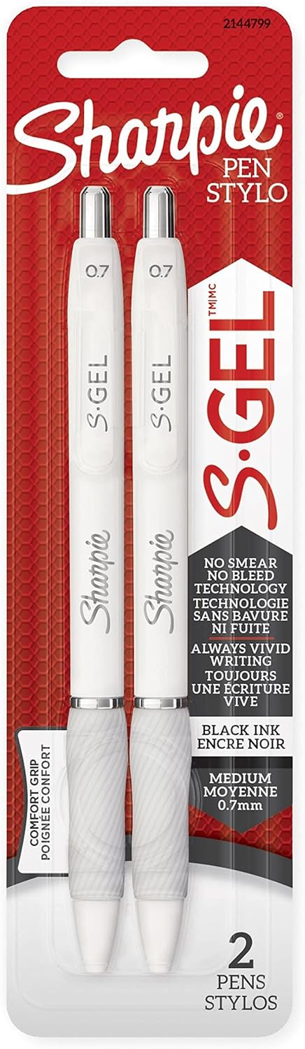 SHARPIE S-Gel Gel Pens, Medium Point (0.7mm), Pearl White Body, Black Gel Ink, 2 Count