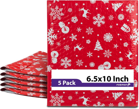 Fosmon #0 Christmas Poly Bubble Mailer 6.5 x 10 inches (5 Pack) - Lightweight Water/Dust/Shock/Tear Resistant Padded